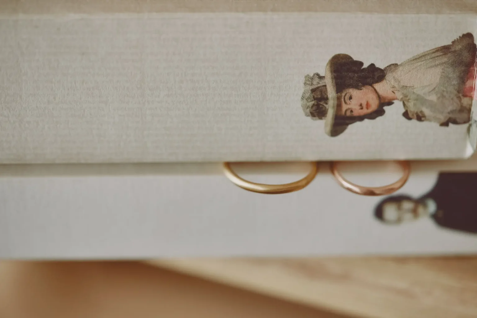 Gold wedding bands tucked between the pages of an illustrated book