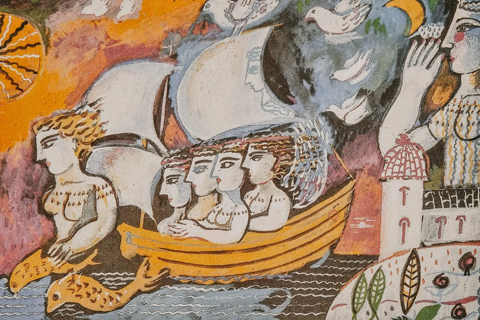 Colourful artwork by Vassilis Sperantzas featuring a boat, figures, birds and a seaside chapel.