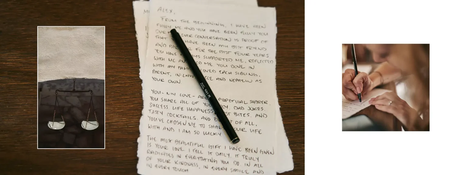 Wedding album spread featuring Casey’s handwritten letter to Alex and a photograph of her writing it.