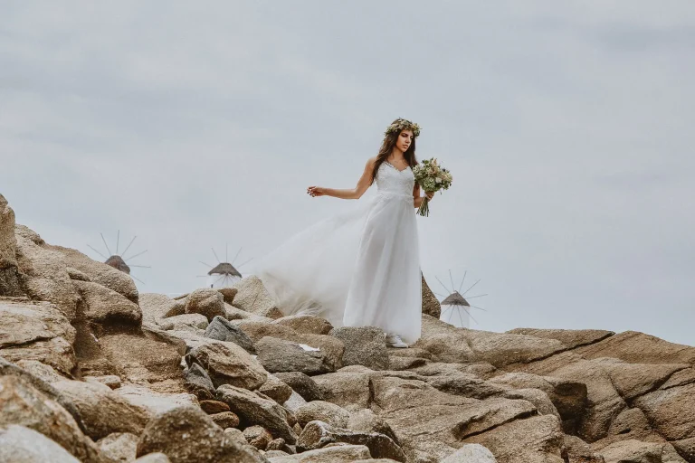 Bridal portraot with Mykonos windmills in the background