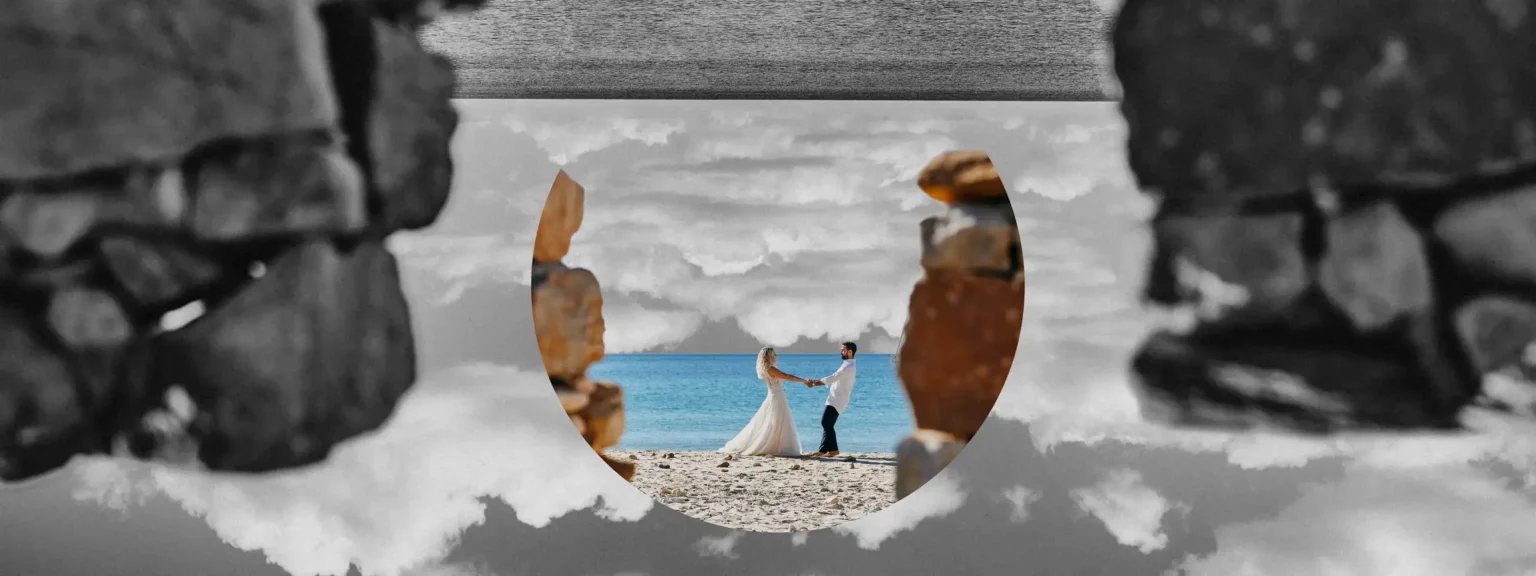 Creative collage of Marina and Antonis holding hands on the beach, with stone framing and layered sea textures.