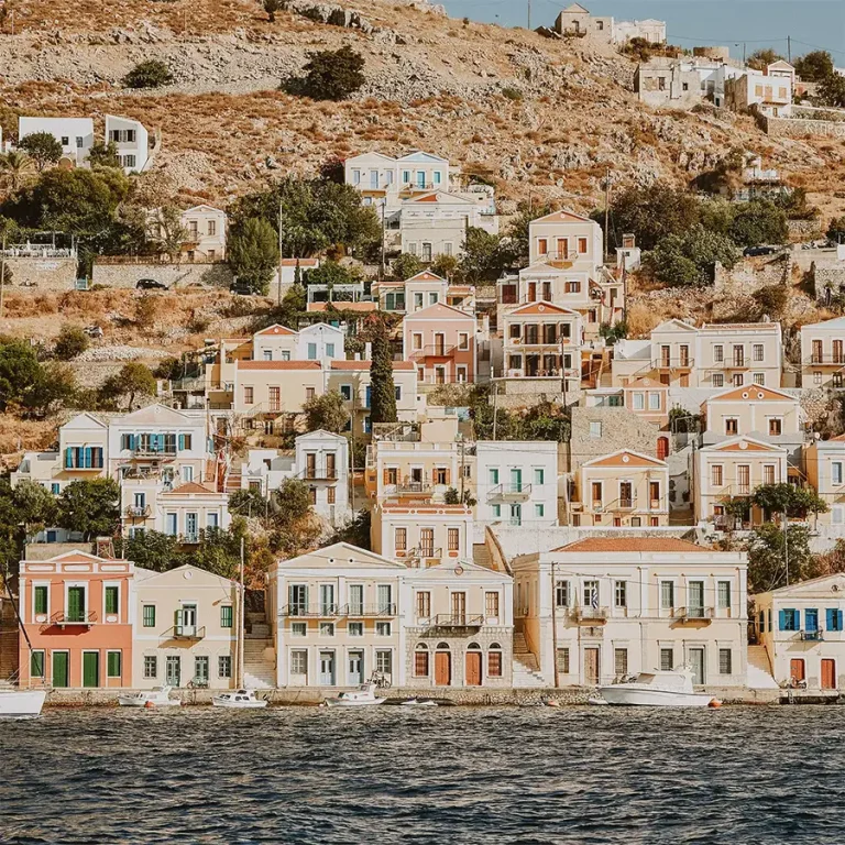 wedding photographer symi Gialos view from the boat